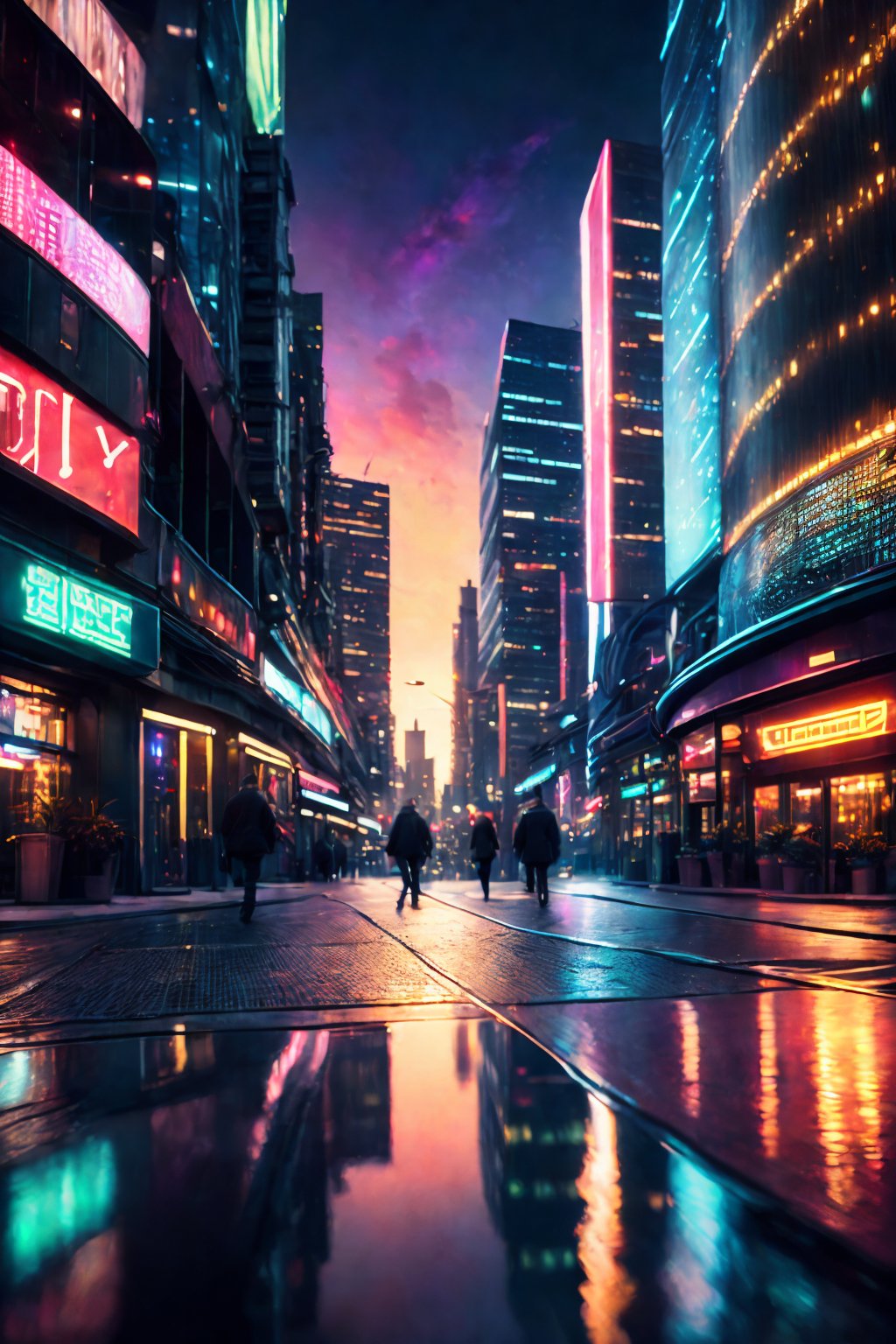 a vibrant cityscape with neon lights and a cinematic atmosphere,(best quality,4k,8k,highres,masterpiece:1.2),ultra-detailed,(realistic,photorealistic,photo-realistic:1.37),HDR,UHD,studio lighting,ultra-fine painting,sharp focus,physically-based rendering,extreme detail description,professional,vivid colors,bokeh,landscape,nighttime,reflective surfaces,glowing signs,bustling streets,people walking,tall skyscrapers,city skyline,traffic lights,light trails,moody atmosphere,contrast of light and shadow,urban energy,modern architecture,an abundance of colors and textures,streets filled with life,ambient sounds,hidden alleyways,steam rising from manholes,the city never sleeps