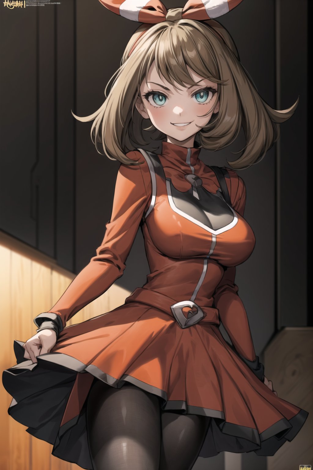 ((best quality)),  ((highly detailed)),  masterpiece,  ((official art)),  detailed face,  beautiful face,  (detailed eyes,  deep eyes),  1girl,  solo,  green eyes,  black lips,  evil smirk,  long sleeves,  dress,  pantyhose,  logo,  smile,  looking at viewer,  scenary , intricately detailed,  hyperdetailed,  blurry background, depth of field,  best quality,  masterpiece,  intricate details,  tonemapping,  sharp focus,  hyper detailed,  trending on Artstation, 1 girl,  high res,  official art,  (pokemonmay),  long sleeves,  dress,  pantyhose,  (logo:1, 3),  brown hair,  may,  bow hairband, <lora:EMS-1495-EMS:0.800000>, , <lora:EMS-65063-EMS:1.000000>, , <lora:EMS-74755-EMS:0.800000>