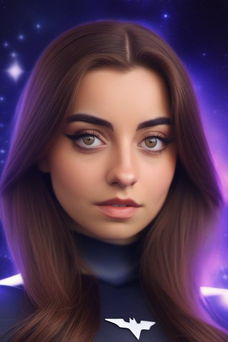  portrait photo of lmrtnzslys, cosplaying as Raven from DC comics, space background, dramatic light, best quality, skin texture, skin detailed, serious look on her face,  facing the camera, face front, sharp details