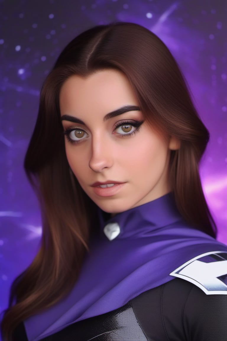  portrait photo of lmrtnzslys, cosplaying as Raven from DC comics, space background, dramatic light, best quality, skin texture, skin detailed, serious look on her face,  facing the camera, face front, sharp details