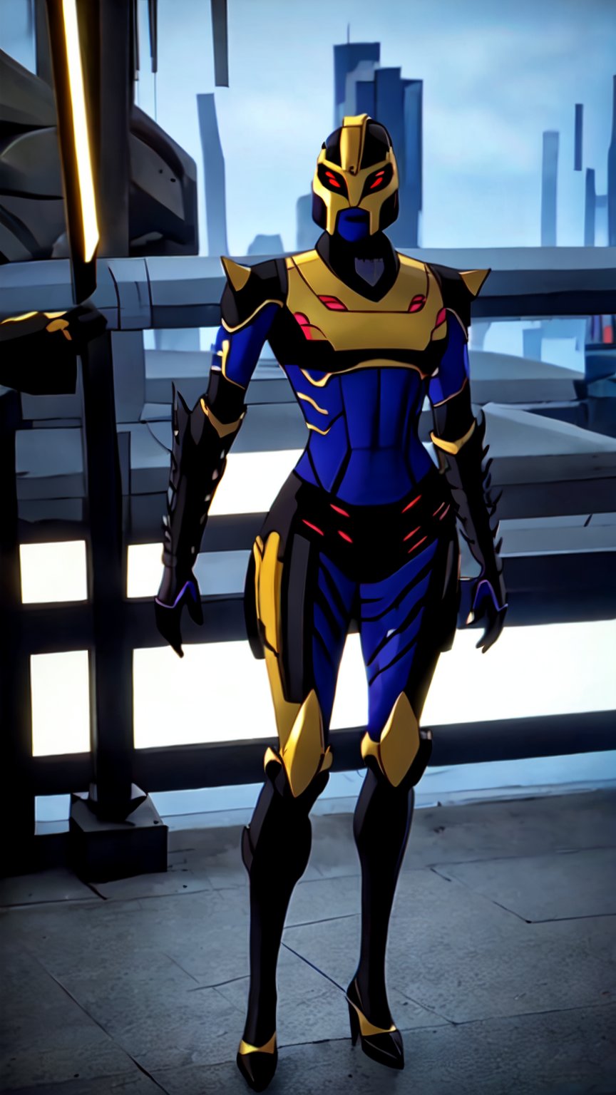black purple and yellow armor suit,  female,  red eyes,  4eyes,  mouth uncovered,  ((forced smile:1.1)),  The background of the image should be a blend of modern and traditional elements, reflecting the world's unique fusion of ancient and contemporary settings. The atmosphere should capture essence, balancing his calm and cool demeanor with his undeniable strength and wisdom.", photographic super realistic masterpiece 4K HDR quality image, holding swordborn, mecha musume, WARFRAME, futubot, blurry_light_background, full helmet, (full body:1.2), (light armor:1.4), dark colour armor, plain armor,  ((BLACK-A:1.5)), mesugaki, <lora:EMS-14949-EMS:0.400000>, , <lora:EMS-74778-EMS:1.000000>, , <lora:EMS-13595-EMS:0.000000>