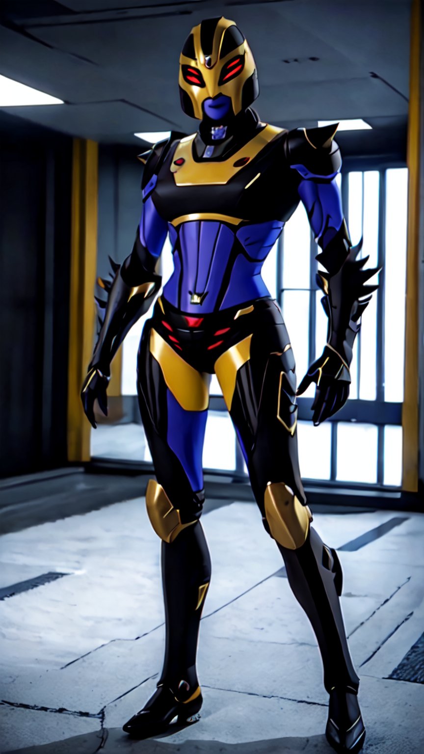 black purple and yellow armor suit,  female,  red eyes,  4eyes,  mouth uncovered,  ((forced smile:1.1)),  The background of the image should be a blend of modern and traditional elements, reflecting the world's unique fusion of ancient and contemporary settings. The atmosphere should capture essence, balancing his calm and cool demeanor with his undeniable strength and wisdom.", photographic super realistic masterpiece 4K HDR quality image, holding swordborn, mecha musume, WARFRAME, futubot, blurry_light_background, full helmet, (full body:1.2), (light armor:1.4), dark colour armor, plain armor,  ((BLACK-A:1.5)), mesugaki, <lora:EMS-74778-EMS:0.800000>, , <lora:EMS-13595-EMS:0.200000>, , <lora:EMS-14949-EMS:0.600000>