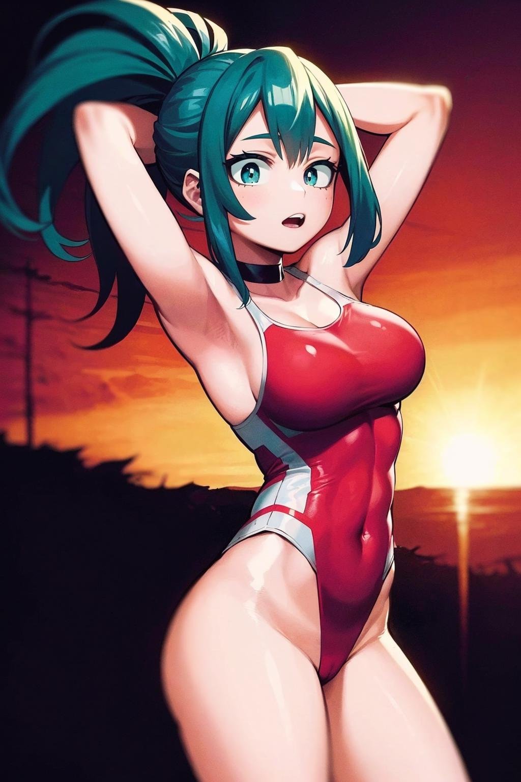 1girl, cowboy shot, arms up, arms behind head,two-tone hair, aqua eyes, long light hazelnut hair, high ponytail, open mouth, hand on own chest, choker, orange one-piece swimsuit, looking at viewersolo, cowboy shot, large breasts, looking at viewer,BREAKbeach, pastel colors, sun, dawn, colorful sky