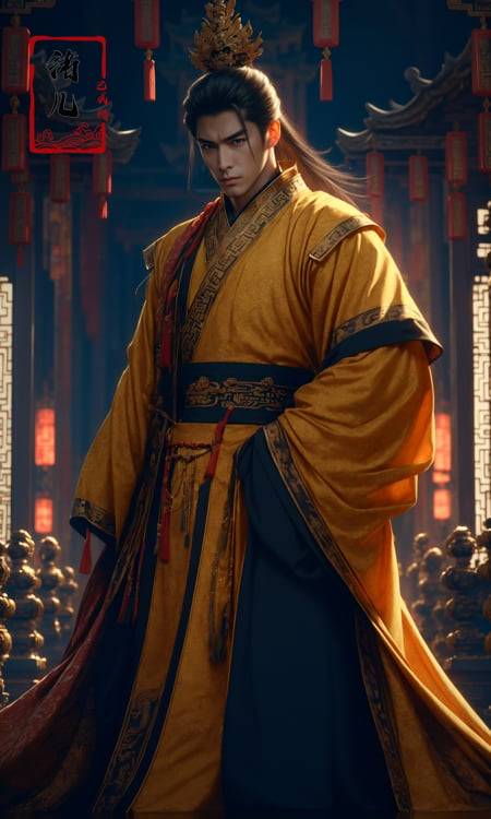 Epic CG masterpiece, A Chinese Tang dynasty emperor,by guopei Wuxia,handsome, MAX Masculinity, straight crown, golden Taoist robe, palace background, Tang dynasty, royal, dynamic poses, stunning colors, 3D rendering, surrealism, cinematic lighting effects, realism, 00 renderer, super realistic,<lora:绪儿-皇太子royal:0.9>