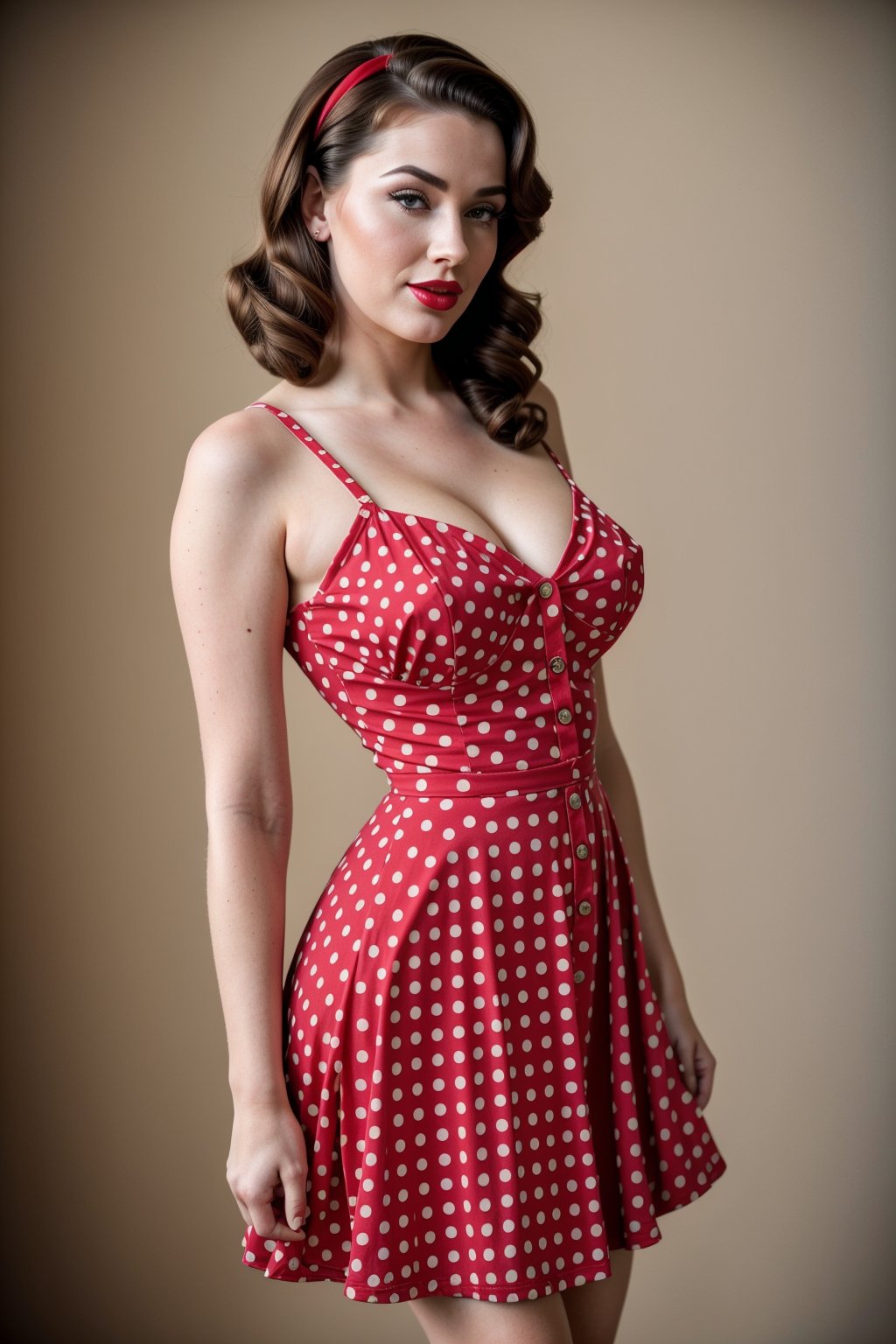 (Best quality, 8k, 32k, Masterpiece, UHD:1.2),   pinup woman posing, style, brunette pin up woman, candid photo, candid surprise face, vintage pin up, pinup, 50s, blonde model, realistic female face, red polka dot dress by Gil Elvgren, PinUp,(PnMakeEnh),<lora:659111690174031528:1.0>