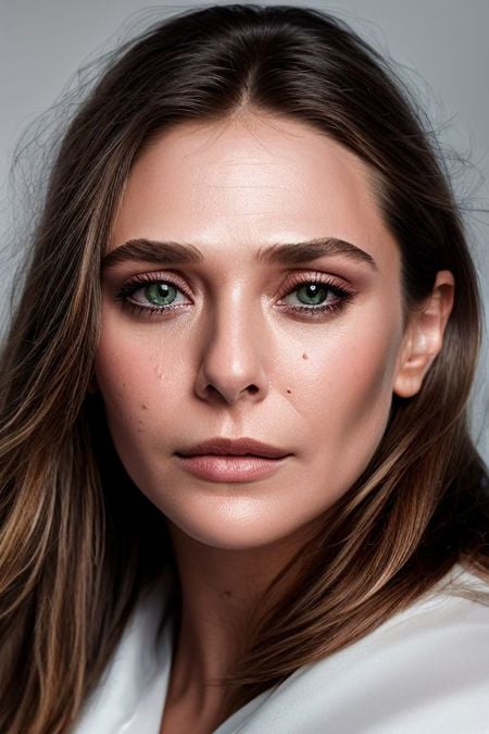 full color portrait of skswoman,masterpiece, best quality, sharp focus, 8k highres, ultra-detailed, rim light, (grey background:1.0), <lora:Elizabeth Olsen:1>