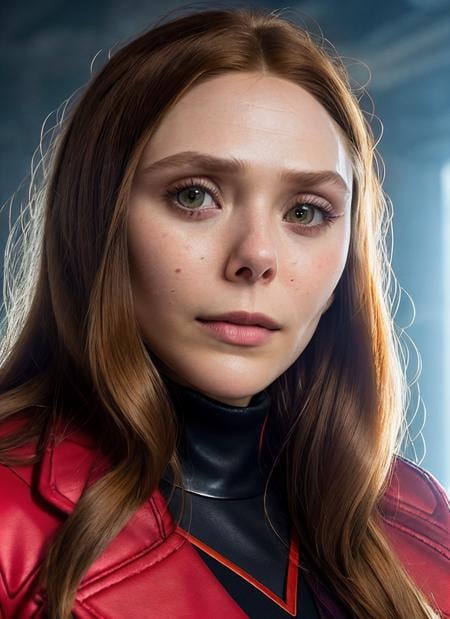 closeup portrait of skswoman, happy , wearing red jacket , with red long hair , wanda maximoff cosplay, background wrestling ring epic (photo, studio lighting, hard light, sony a7, 50 mm, matte skin, pores, colors, hyperdetailed, hyperrealistic), <lyco:Elizabeth Olsen:1.1>