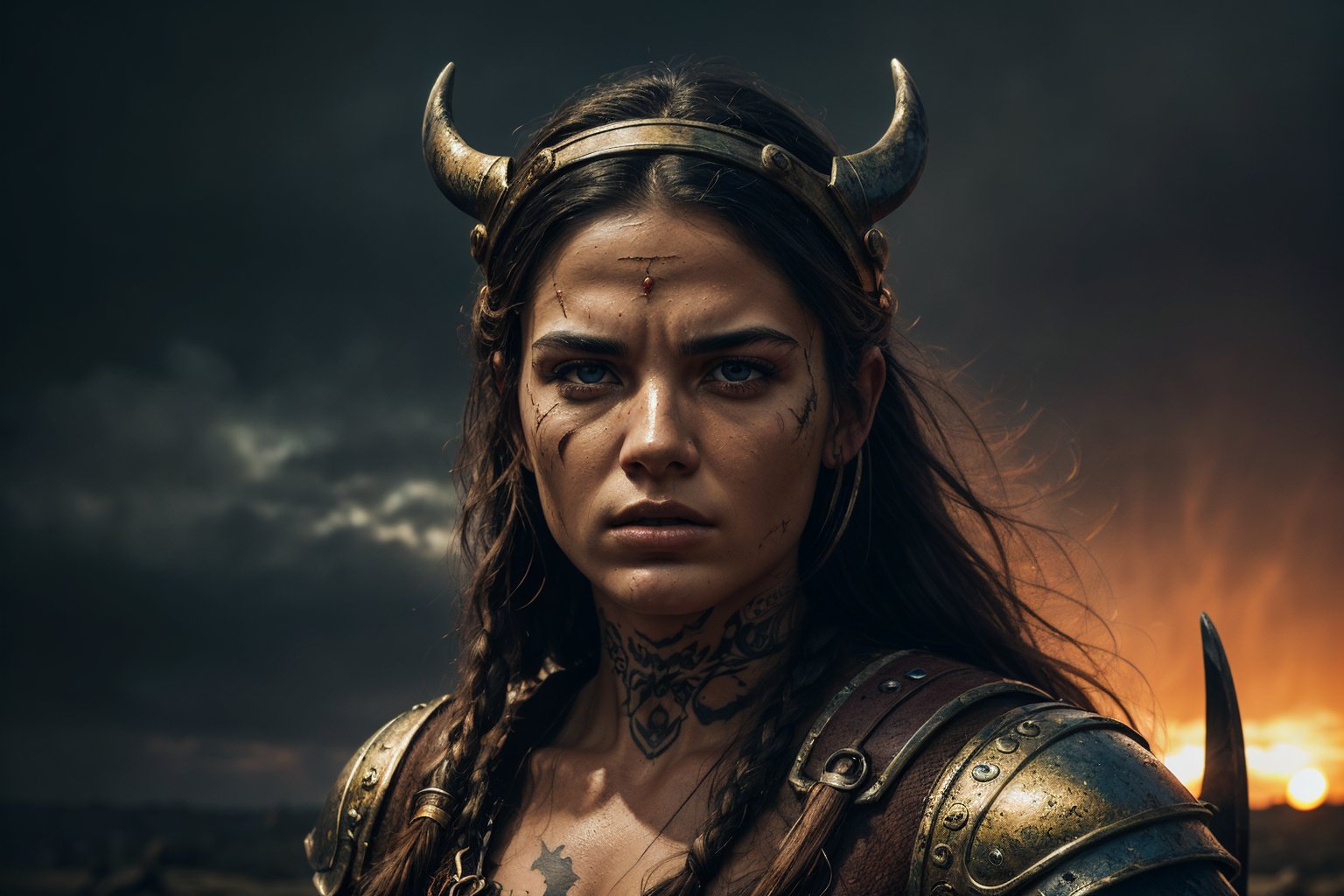 (viking:1.1,woman:1.1,tattoo on her face:1.1,fantasy,cinematic,portraits:1.2,dynamic:1.1,hyper realistic:1.2),medium:oil painting,ancient battlefield background,dramatic lighting,fiery sunset,warrior armor and weapons,fierce expression,flowing hair,expressive eyes,elaborate headpiece,ornate armor,weathered textures,thick brushstrokes,bold colors,high contrast,detailed skin texture,sculpted muscles,gritty atmosphere,moody atmosphere.