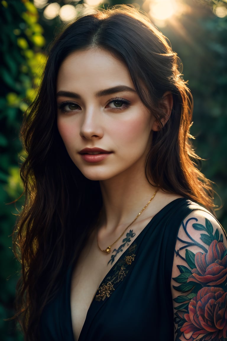 (tattoo on her neck),(cinematic,photorealistic),woman,serene,graceful,sharp,contrast,black and white,soft lighting,detail-rich,smiling,bokeh,subtle colors,expressive eyes,lush garden,vibrant flowers,captivating gaze,golden hour,gentle breeze,dreamy atmosphere,delicate features,flowing hair,ethereal,mesmerizing,sun-kissed skin,elegance,stillness,masterpiece:1.2,vivid hues,harmonious composition,aesthetic,haunting,sublime,dramatic shadows,alluring presence,emotive,artistic perspective,stunning,romantic ambiance,impeccable craftsmanship,art nouveau references,impressionistic brushstrokes,mysterious,ensnaring beauty