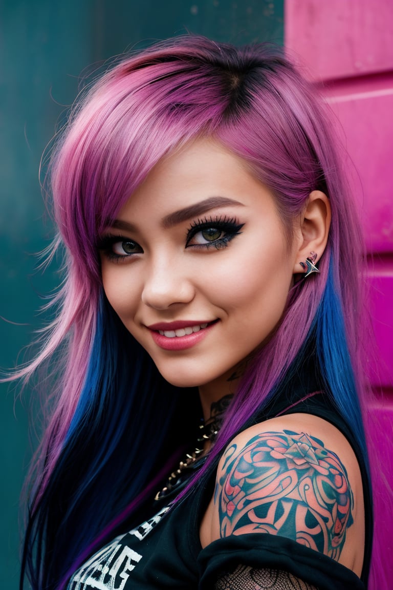 A confident and edgy 18-year-old Girl exudes rebellious confidence. Her boldly colored hair frames her face like a vibrant halo, cute smile, while tattooed sleeves and piercings express her defiance. Smoky eyes hint at a mysterious depth. She walks with a swagger, a testament to her fierce individuality, embodying unapologetic uniqueness.