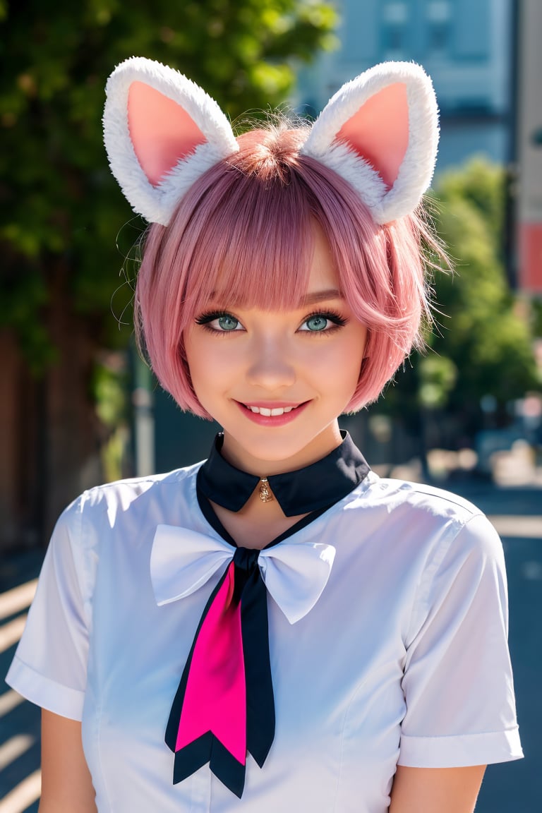 skistyle, 1girl, solo, cute smile, pink hair, animal ears, blue eyes, wings, looking at viewer, bangs, short hair, bow, sailor collar, white sailor collar, hair bow, pink bow, closed mouth, shirt, white shirt, bear ears, bob cut, mini wings, portrait, detached wings, makeup, upper body, city in background
