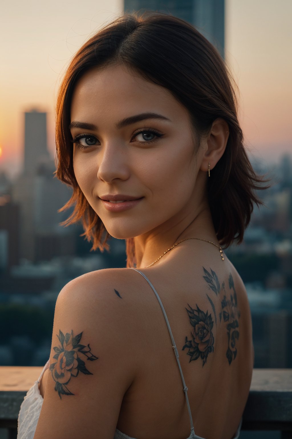 women,short clothes,tattoo on her hand,cinematic,(best quality,4k,8k,highres,masterpiece:1.2),ultra-detailed,(realistic,photorealistic,photo-realistic:1.37),portraits,vivid colors,warm color tones,stunning lighting effects,clear focus,sharp details,professional photography,beautiful facial features,expressive eyes,defined cheekbones,alluring smile,confident posture,urban scenery,city skyline in the background,gorgeous sunset,soft diffused light,subtle shadows,bokeh effects.