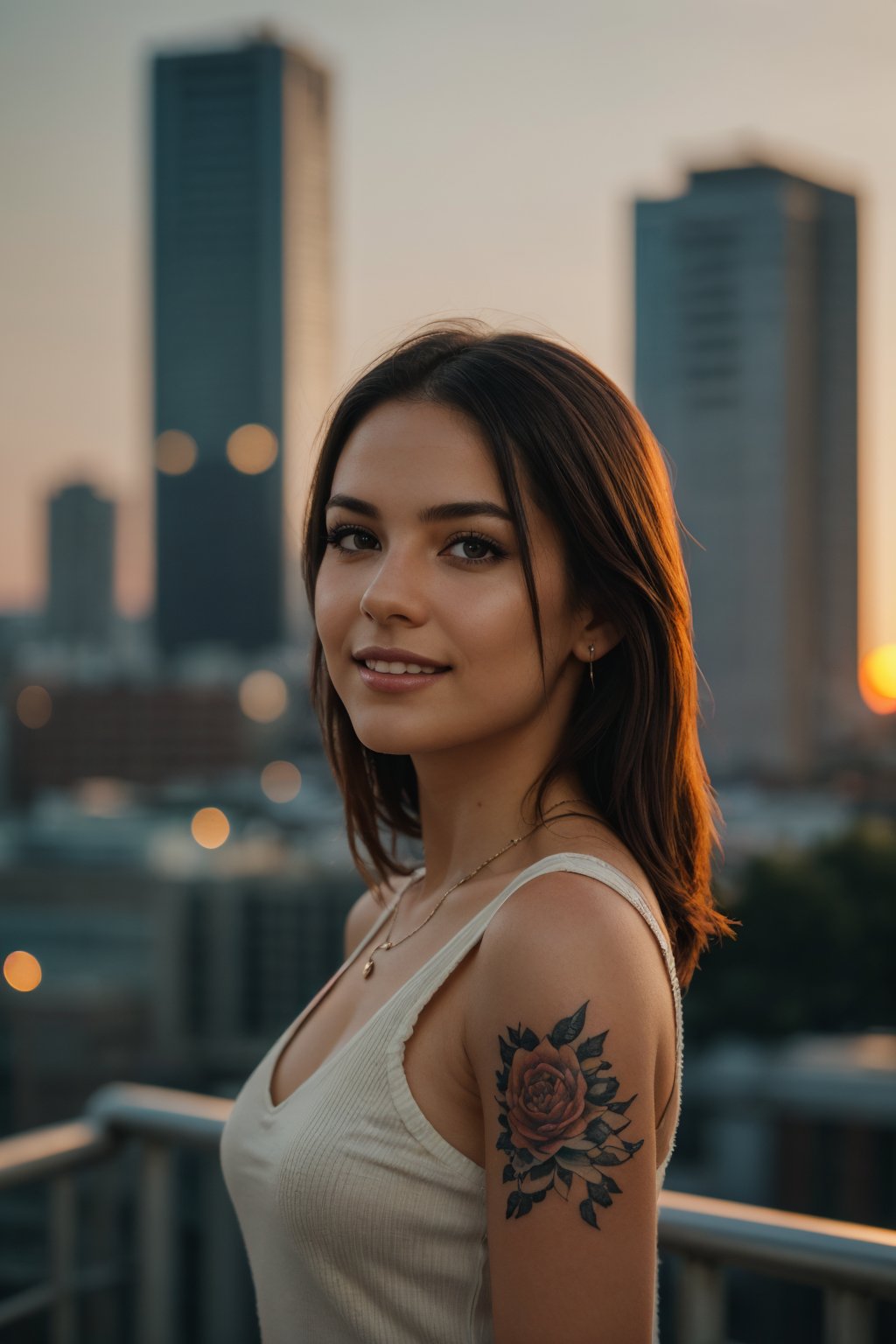 women,short clothes,tattoo on her hand,cinematic,(best quality,4k,8k,highres,masterpiece:1.2),ultra-detailed,(realistic,photorealistic,photo-realistic:1.37),portraits,vivid colors,warm color tones,stunning lighting effects,clear focus,sharp details,professional photography,beautiful facial features,expressive eyes,defined cheekbones,alluring smile,confident posture,urban scenery,city skyline in the background,gorgeous sunset,soft diffused light,subtle shadows,bokeh effects.