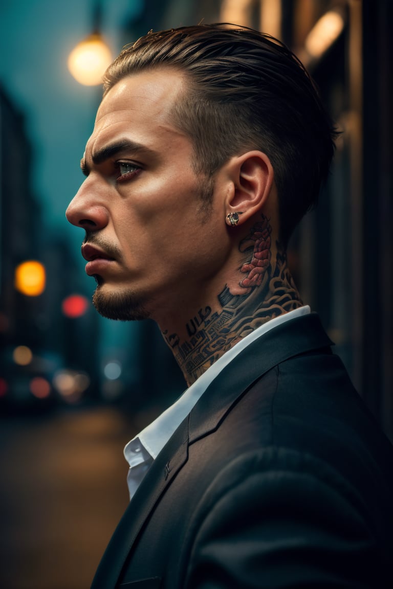 (best quality,highres,masterpiece:1.2),ultra-detailed,realistic:1.37,cinematic,portrait,tattoo on her neck,detailed eyes and lips,man with neck tattoo,wearing a dark suit,strong expression,serious,city backdrop,striking lighting,gritty atmosphere,dramatic shadows,vivid colors,bokeh