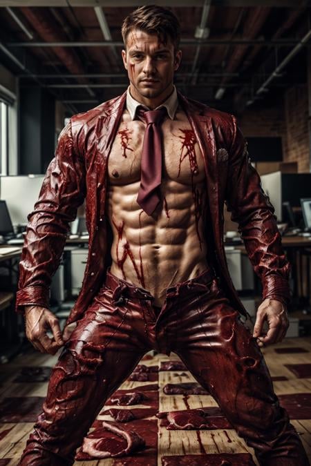 (Polish man), fl3sh4rmor, wearing flesh (business suit), blood, meat, veins, fantasy background, dynamic pose, fighting stance, pants, (shirt), (necktie), office, indoors,, realistic, masterpiece, intricate details, detailed background, depth of field, photo of a handsome man,