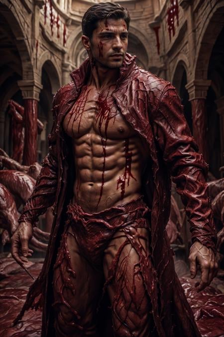 (Arabian man), fl3sh4rmor, wearing flesh coat, blood, meat, veins, fantasy background, dynamic pose, fighting stance,, realistic, masterpiece, intricate details, detailed background, depth of field, photo of a handsome man,