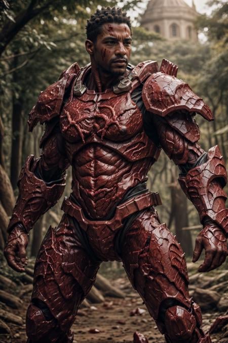 (African man), fl3sh4rmor, wearing flesh power armor, blood, meat, veins, fantasy background, dynamic pose, fighting stance,, realistic, masterpiece, intricate details, detailed background, depth of field, photo of a handsome man,