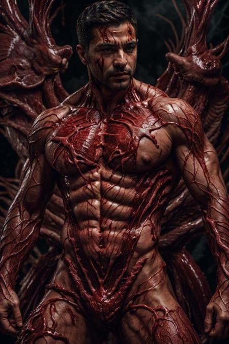 (Turkish man), fl3sh4rmor, wearing flesh bodysuit, blood, meat, veins, fantasy background, dynamic pose, fighting stance,, realistic, masterpiece, intricate details, detailed background, depth of field, photo of a handsome man,