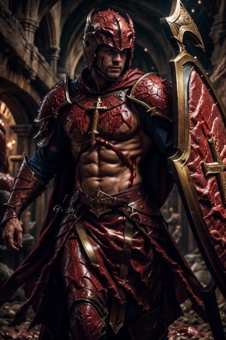 (dutch man), fl3sh4rmor, wearing flesh paladin armor, blood, meat, veins, fantasy background, dynamic pose, fighting stance, holding shield, helmet, cape, cross,, realistic, masterpiece, intricate details, detailed background, depth of field, photo of a handsome man,