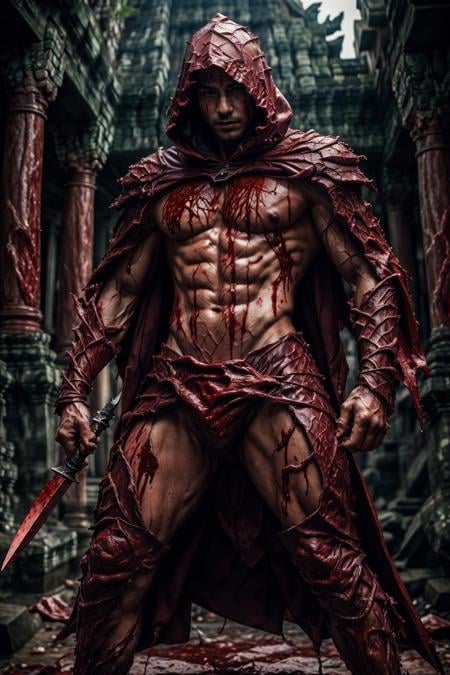 (Cambodian man), fl3sh4rmor, wearing flesh rogue armor, blood, meat, veins, fantasy background, dynamic pose, fighting stance, holding daggers, cloak, hood,, realistic, masterpiece, intricate details, detailed background, depth of field, photo of a handsome man,