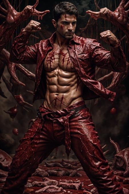 (Arabian man), fl3sh4rmor, wearing flesh (collared shirt), blood, meat, veins, fantasy background, dynamic pose, fighting stance, pants,, realistic, masterpiece, intricate details, detailed background, depth of field, photo of a handsome man,