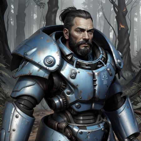 close up shot of a man with a beard (wearing a blue x01powerarmor without a helmet on), standing in a burning forest, fully armored with helmet on, (shiny armor:1.1), cloudy day, post apocalyptic, vault tec, 50s, atompunk, wallpaper, intricate, sharp focus, rtx, professionally color graded, well drawn, masterpiece, ultra detailed, high quality, best quality, 4k, 8k, raw <lora:x01powerarmor:0.35>