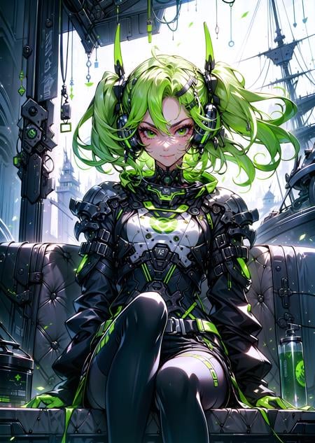 masterpiece, best quality, 1girl, resting in harbor, green hair very short hair two side up, ringed eyes, armor, CyberskullAI <lora:CyberskullAI:0.75> <lora:flat2:-0.3>