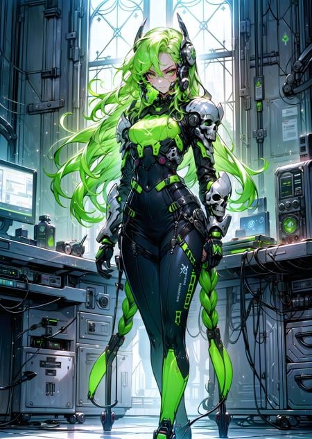 masterpiece, best quality, 1girl, standing in laboratory, light green hair very long hair dreadlocks, hexagon eyes, armor, CyberskullAI <lora:CyberskullAI:0.75> <lora:flat2:-0.3>