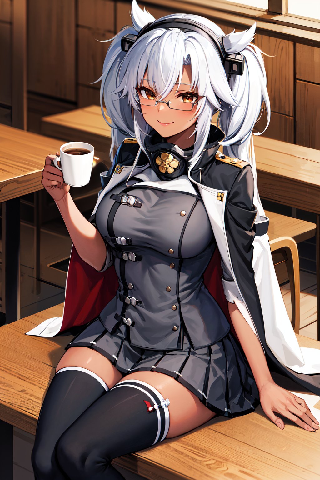 masterpiece, best quality, highres, aamusashi, long hair, twintails, headgear, dark skin, glasses, cape, grey jacket, pleated skirt, grey skirt, black thighhighs, <lora:musashi_(kancolle)_v1:0.7>, cafe, sitting, table, coffee, smile, cup