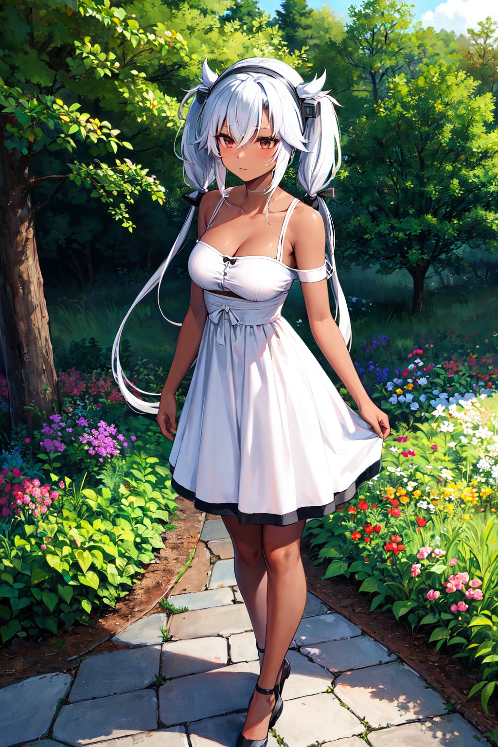 masterpiece, best quality, highres, aamusashi, long hair, twintails, headgear, dark skin, <lora:musashi_(kancolle)_v1:0.7>, collarbone, dress, garden, standing, 