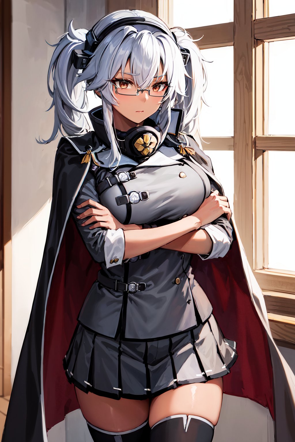 masterpiece, best quality, highres, aamusashi, long hair, twintails, headgear, dark skin, glasses, cape, grey jacket, pleated skirt, grey skirt, black thighhighs, <lora:musashi_(kancolle)_v1:0.7>, cowboy shot, indoors, standing, 