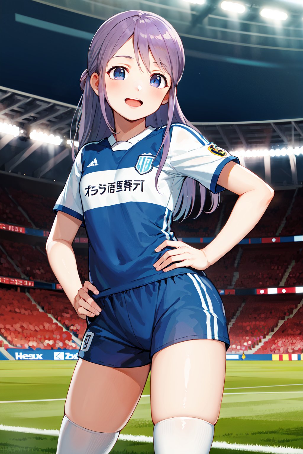 masterpiece, best quality, highres, aafuyuka, long hair, soccer uniform, <lora:kudou_fuyuka_v1:0.7>, stadium, hand on hip, smile, open mouth,