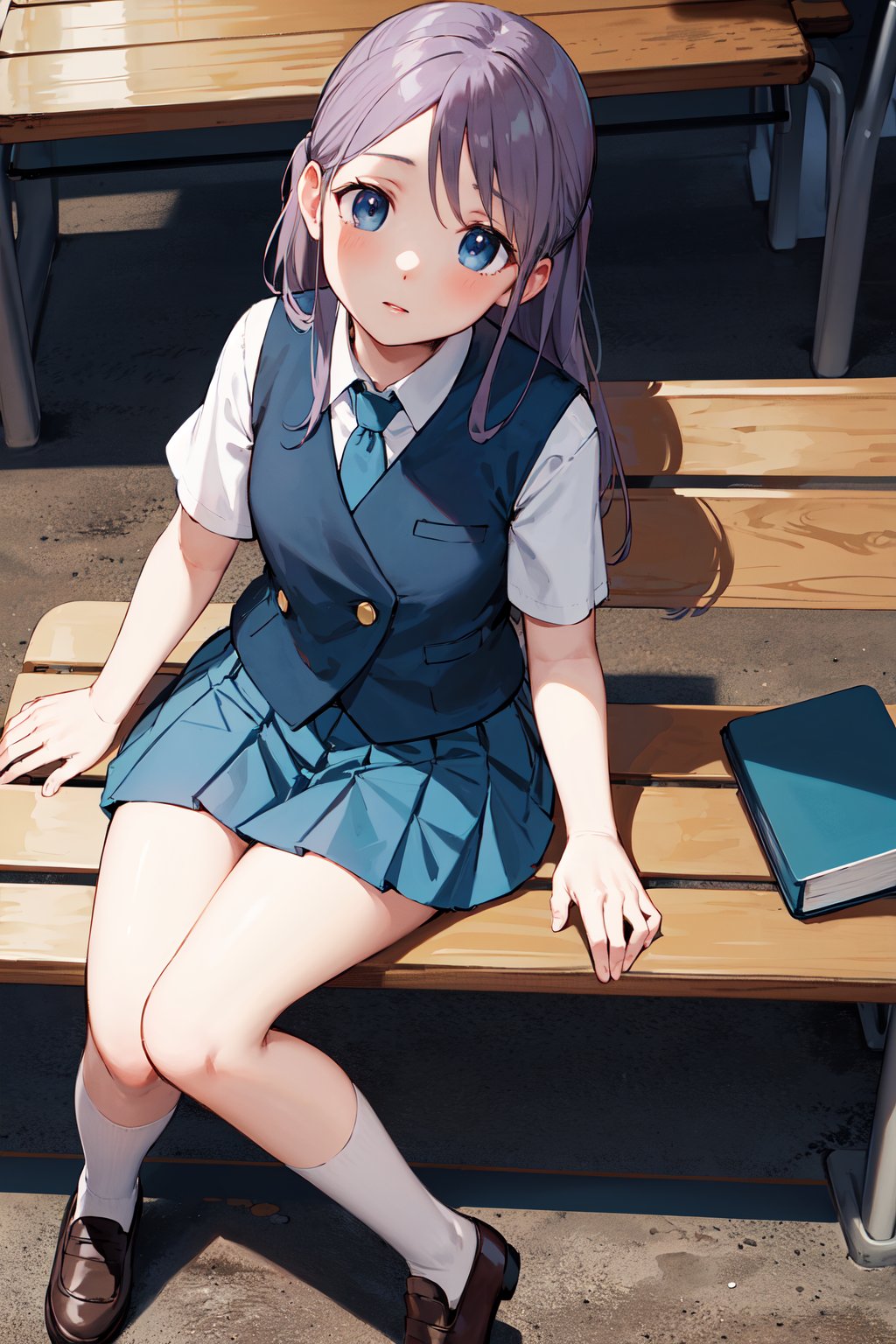 masterpiece, best quality, highres, aafuyuka, long hair, school uniform, blue necktie, blue vest, pleated skirt, blue skirt, white socks, <lora:kudou_fuyuka_v1:0.7>, sitting, bench, book, 