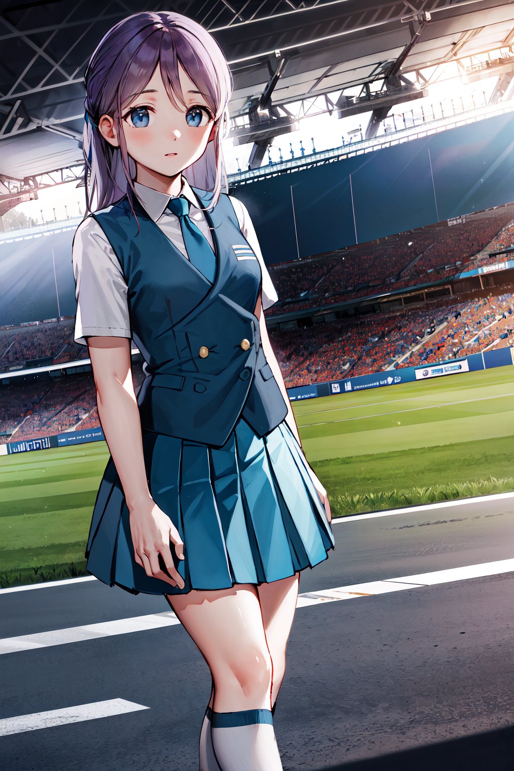 masterpiece, best quality, highres, aafuyuka, long hair, school uniform, blue necktie, blue vest, pleated skirt, blue skirt, white socks, <lora:kudou_fuyuka_v1:0.7>, standing, stadium, soccer ball, 