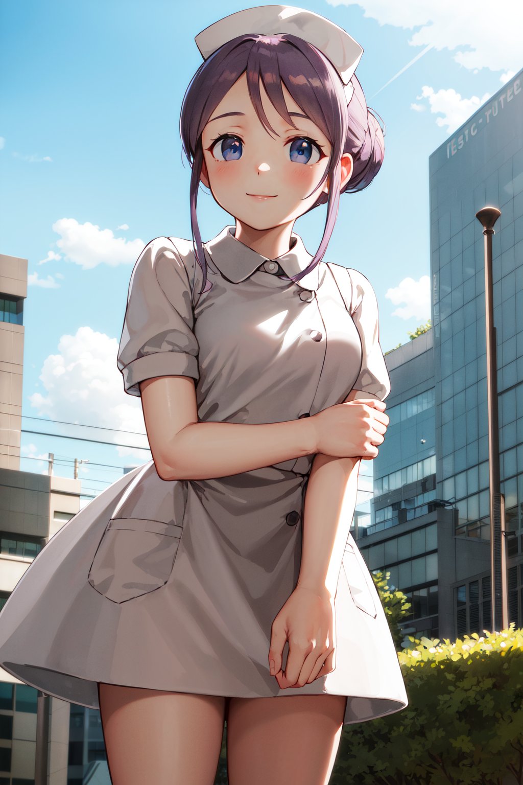 masterpiece, best quality, highres, aafuyuka, single hair bun, nurse cap, nurse, dress, <lora:kudou_fuyuka_v1:0.7>, outdoors, building, standing, smile,