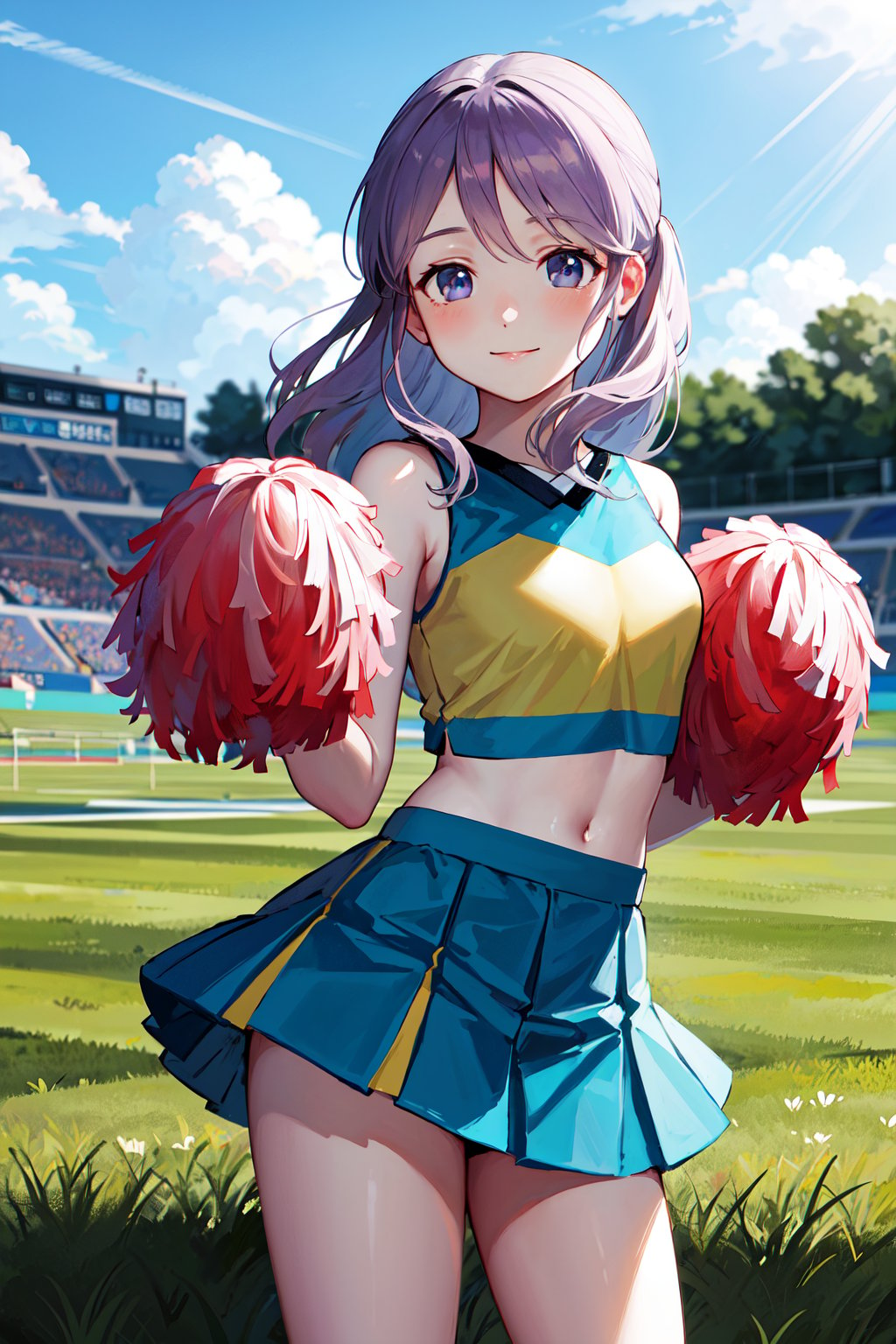 masterpiece, best quality, highres, aafuyuka, long hair, cheerleader, pom pom \(cheerleading\), <lora:kudou_fuyuka_v1:0.7>, grass, smile, hand up, standing