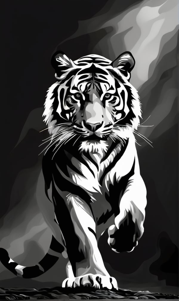 (((grayscale style))), Contrasting black and white very expressive silhouette of a tiger in a dynamic pose
