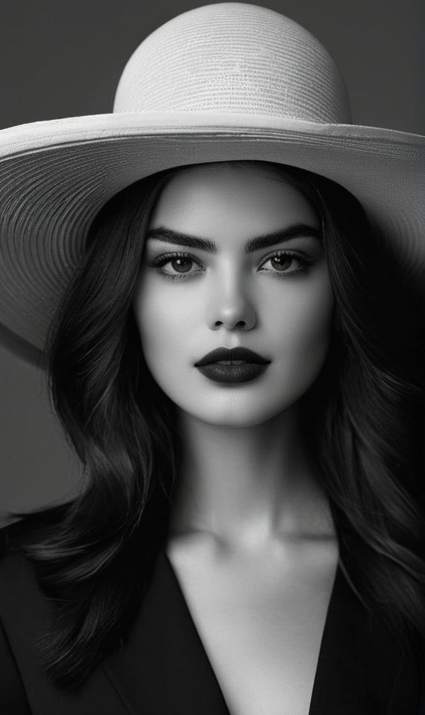a black and white photo of a woman wearing a hat, a black and white photo, by Hedi Xandt, featured on cg society, gothic art, samara weaving vampire, clothes made out of flower, infp young woman, faint smile dark lipstick, in the glamour style, editorial image, young middle eastern woman, yael shelbia, dating app icon
