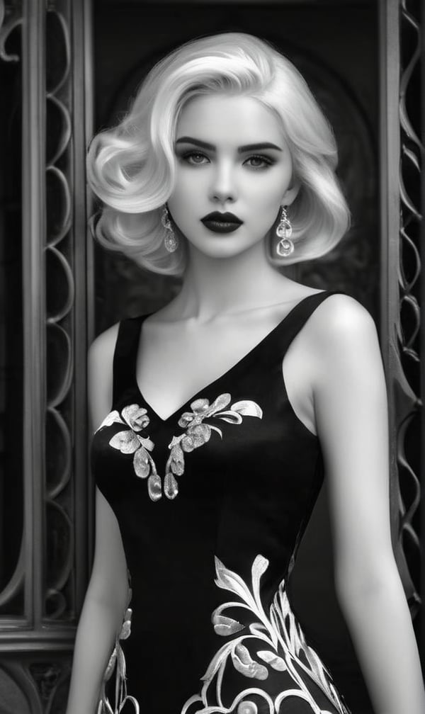 1girl, art nouveau, Black and white dress, white hair, black dress (((black and white Photorealistic)))