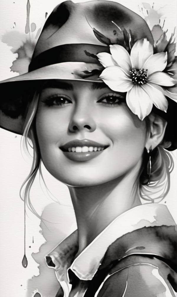(((grayscale style))), instaport style, ink wash, woman in hat with flower
