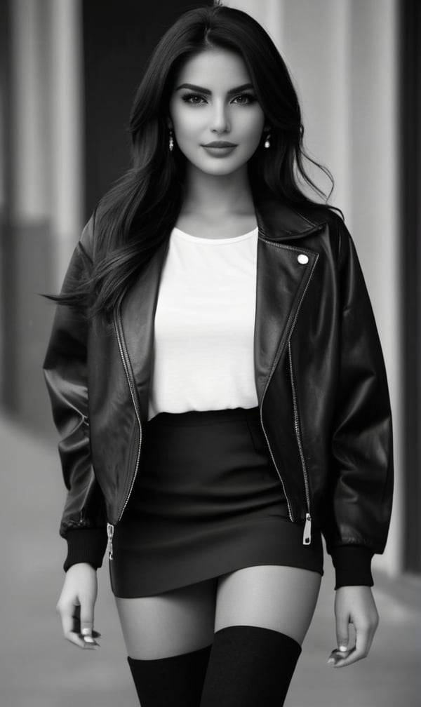 (((grayscale style))), mexican girl, beautifull, clear skin, wearing a skirt, a t-shrt and a jacket, wearing black boots, brunette, long legs, smooth skin
