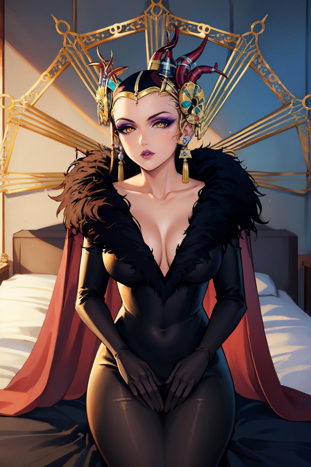 masterpiece, best quality, <lora:edea-nvwls-v1-000009:0.9> edea, hair ornament, earrings, cape, black dress, feather trim, plunging neckline, long sleeves, elbow gloves, makeup, lipstick, pale skin, huge breasts, seiza, from above, looking at viewer, hand on own chest, bedroom