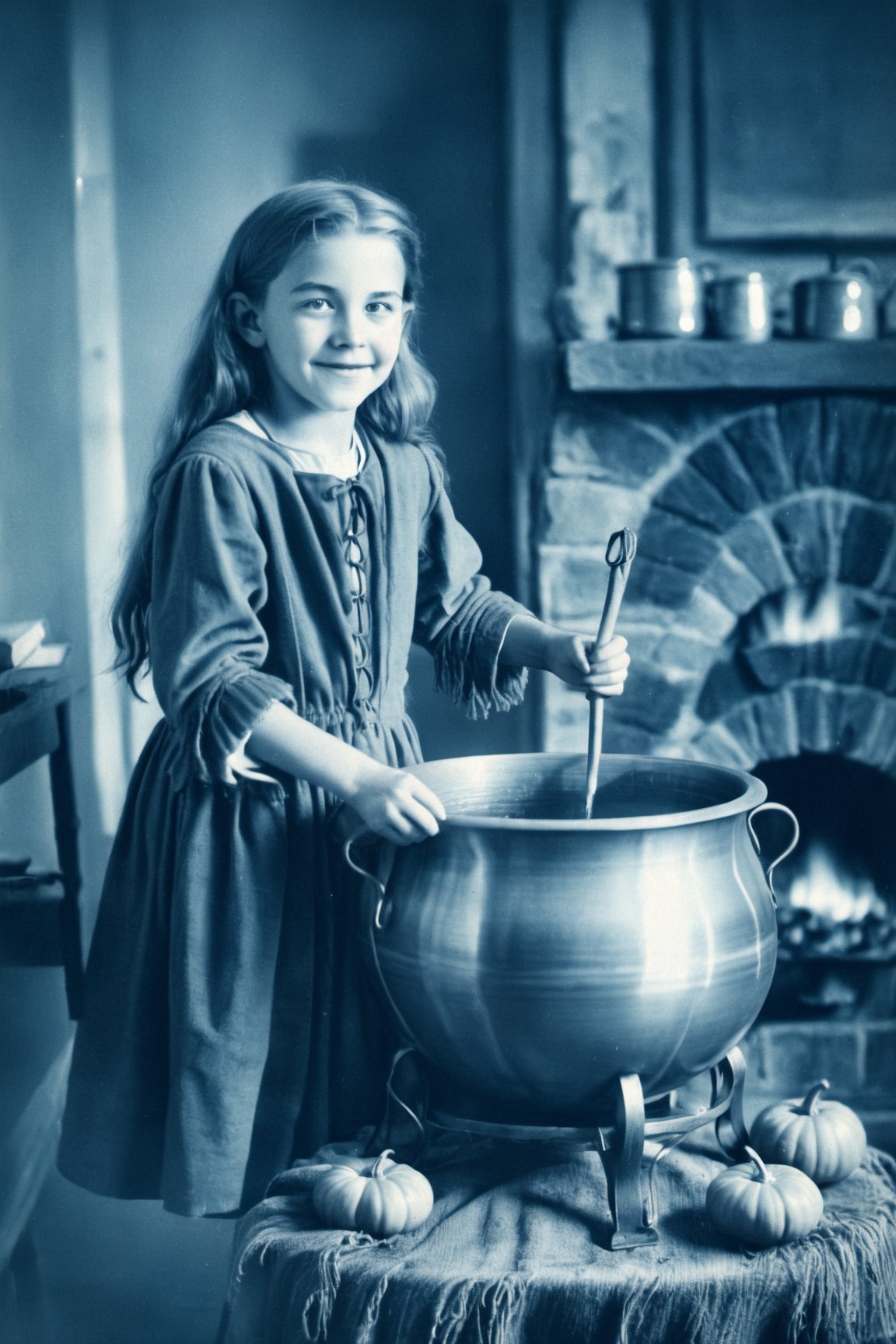 cute young witch stirring a huge cauldron, highly detailed, happy,cyanotime