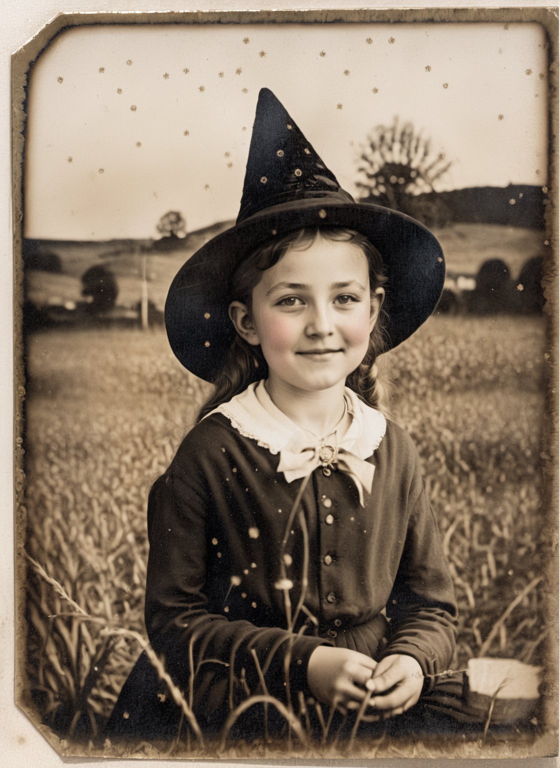 movie still of a cute young witch in a field of tiny fireflies, highly detailed, happy, pointed black hat, sepia, antique image,dagtime