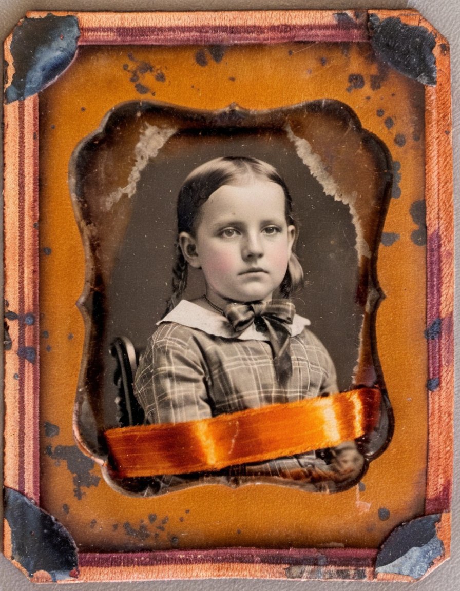 antique photograph of an orange wrapped in a velvet ribbon, sitting on a tartan tablecloth, scuffed image, distressed image, dagtime