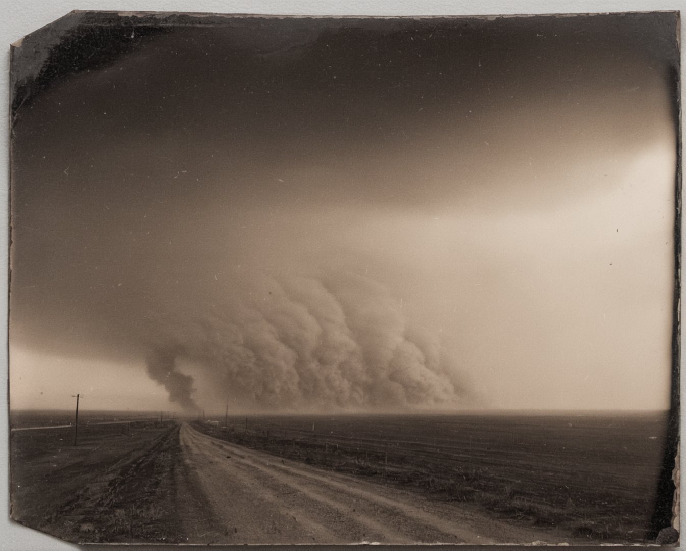 Photograph of a dark dust storm,  approaching across the horizon,  toyoview45,  schneider super symmar 110xl,  ilford hp5 large format camera,  alfred stieglitz,  tintime,<lora:EMS-74947-EMS:1.000000>