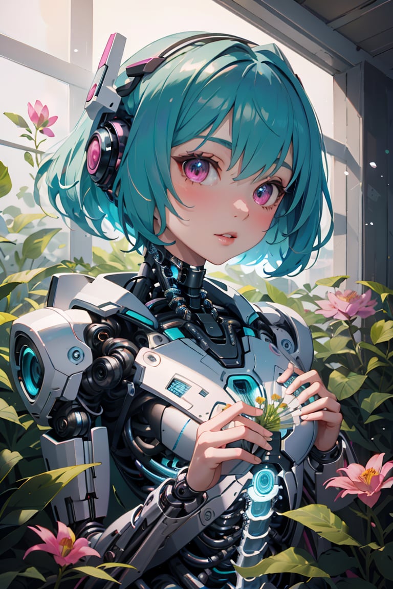 figure of biomechanical cyborg little girl made of glass was (picking a flower by hands), transparent, see-through intricated interal mechanical metal part, metal array, hi-tech, sci-fi, difficult, chip, circuit, post-production, elegan, teal and pearl white , ((She was picking pink flowers)) ,flower garden, outdoor,high_res,cyborg style