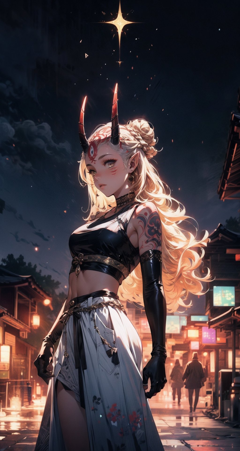 masterpiece, 1girl,  ibaraki_douji,  hair bun,  sash,  double bun very long hair,  pink hair,  japanese clothes,  white skirt,  black gloves,  elbow gloves,  midriff,  crop top,  gradient hair,  outdoors,  village,  stone path, <lora:EMS-20715-EMS:0.800000>, , <lora:EMS-93-EMS:0.800000>, , <lora:EMS-57361-EMS:0.800000>, , <lora:EMS-50097-EMS:0.600000>, , <lora:EMS-41895-EMS:0.600000>