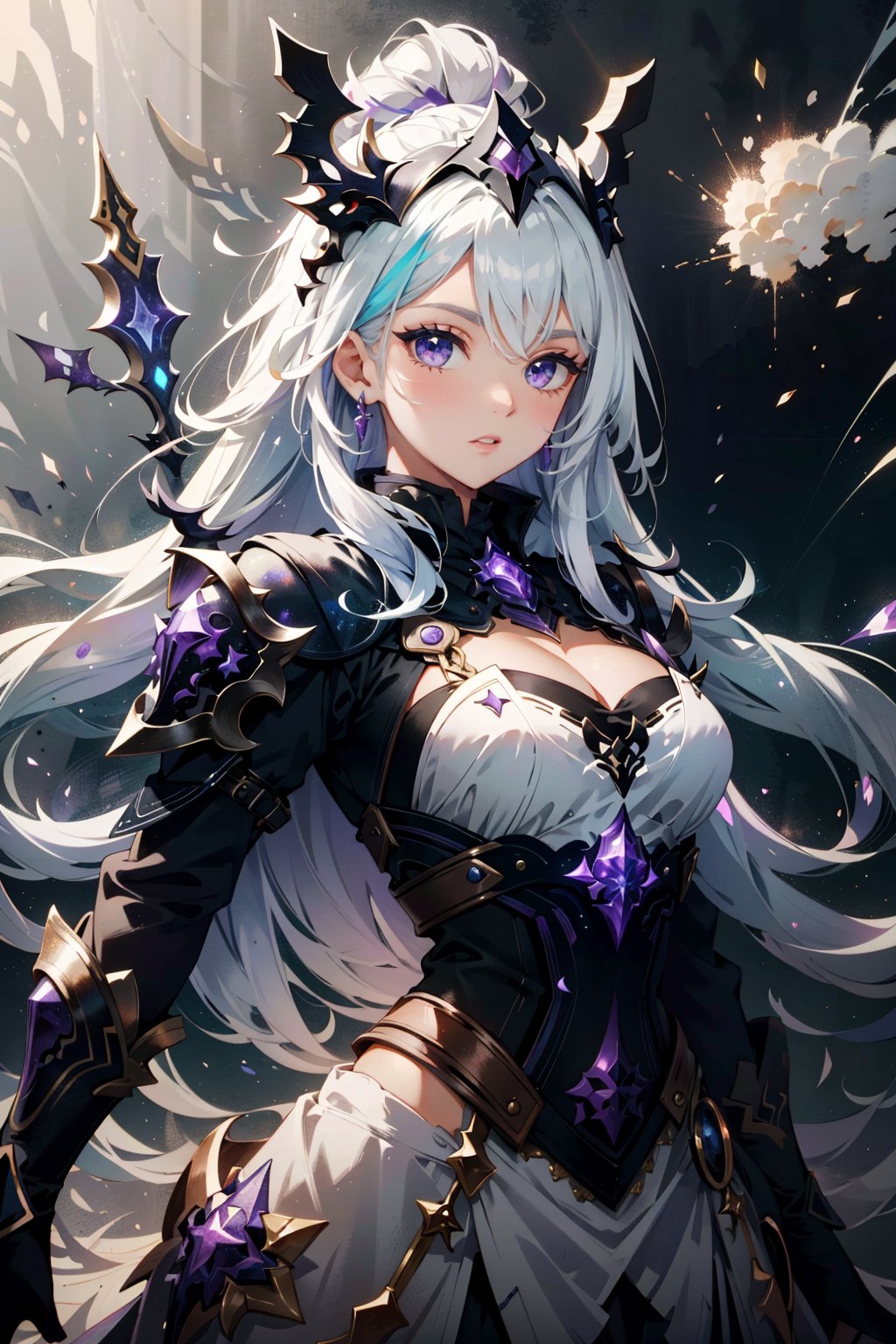 (masterpiece:1.2), best quality,fantasy,1girl, white hair, multicolored hair, purple eyes, mask on head, sidelighting, light particles, wallpaper,full pose(HDR:1.4) 