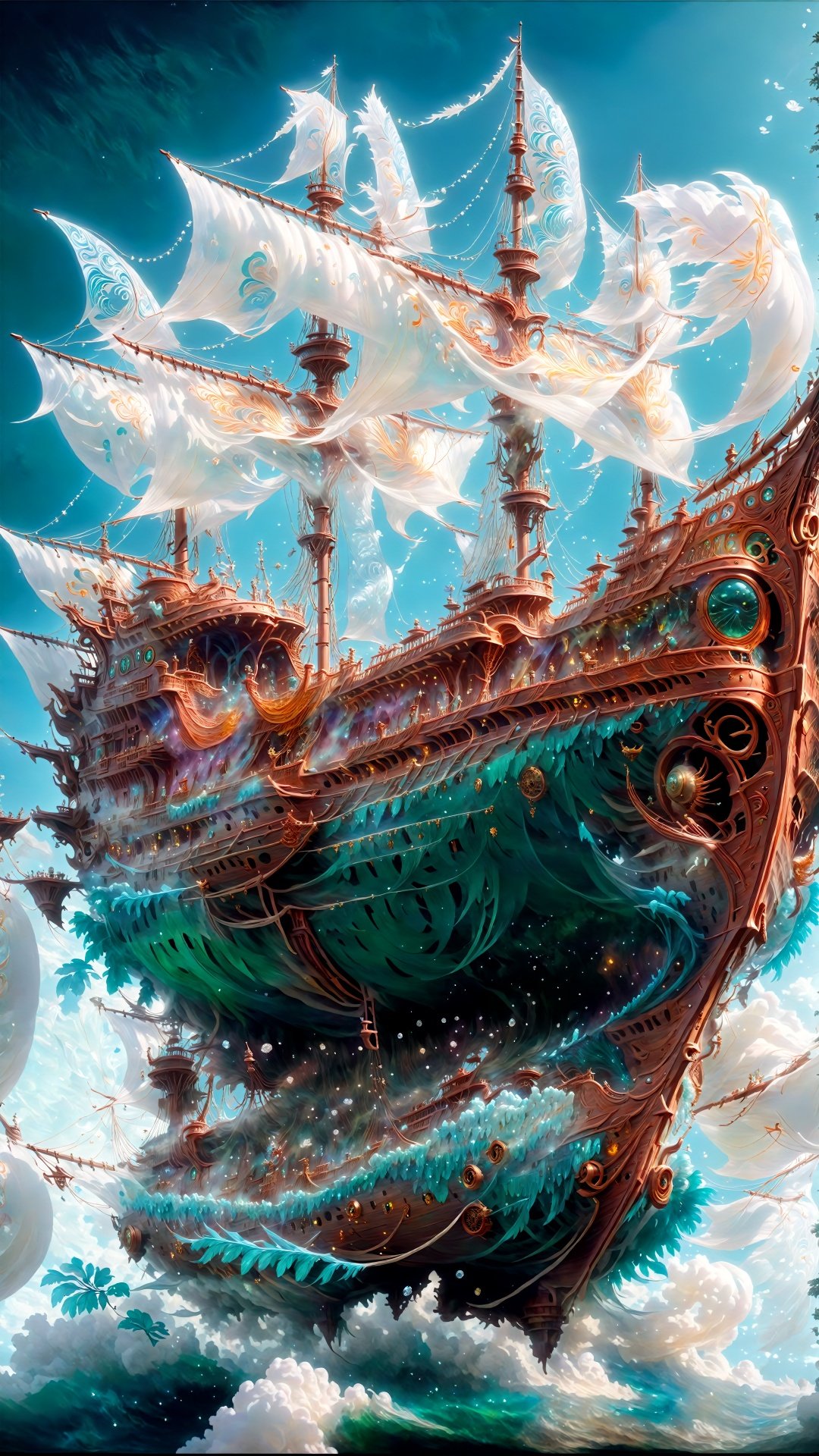  (Fantasy ancient ship style: 1.5) (Hyper-realistic thick paint) (Oriental ship concept) From a small angle, shocking, huge, visual impact, full-body ship (complex details) This immortal ship is like a huge fairy boat floating in the clouds . The hull is made of transparent crystal architecture, surrounded by floating fairy energy. The sails are woven from feathers and vines, painted with ancient runes and fairy designs. Passengers can feel the aura surrounding them, as if they are in a fairyland